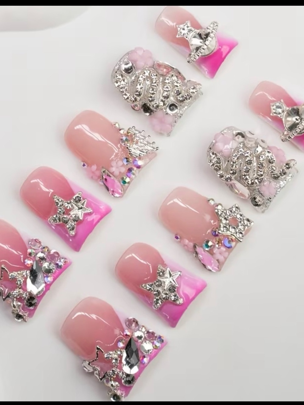 Size M Pink Jeweled Press-On Nails for Kids - Sparkle Star Design